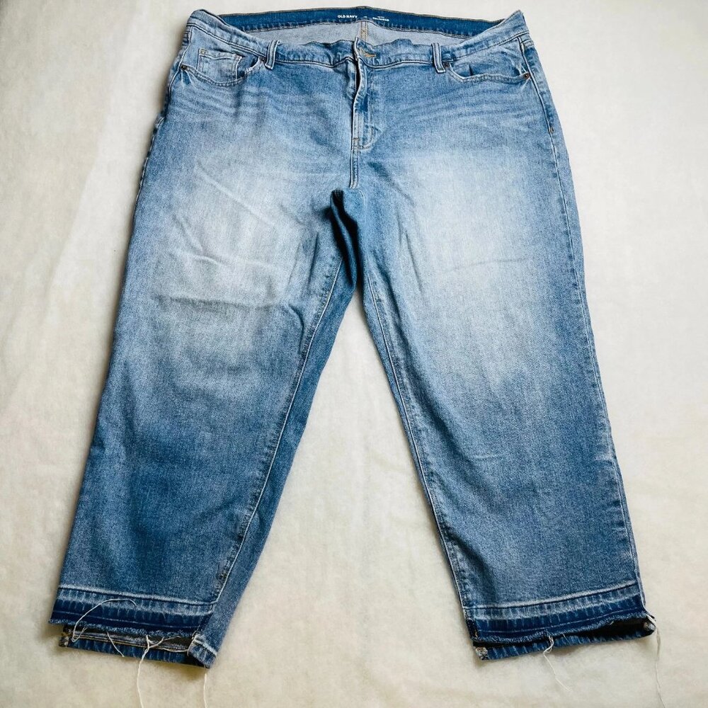 Old Navy Kasee Womens Blue Raw Hem Stretch Mid Rise Boyfriend Capri Jeans Sz 14